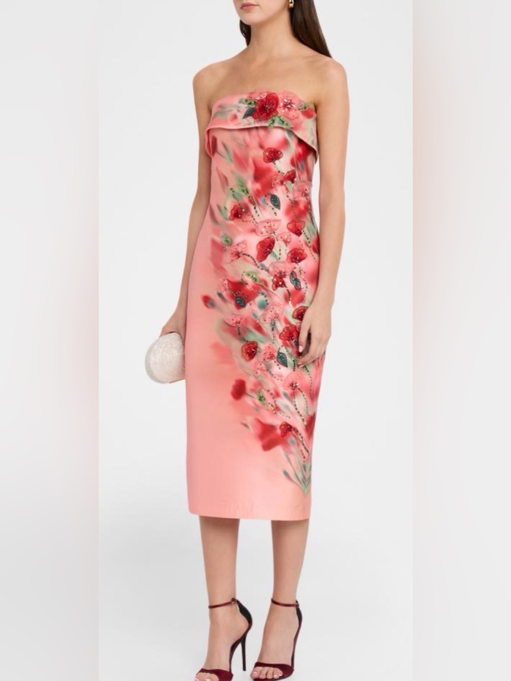 Badgley Mischka Strapless Floral-Print Mikado Midi Dress